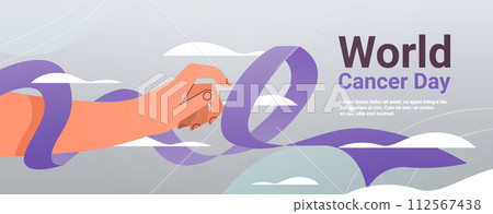 human hand holding purple ribbon world cancer day breast disease awareness prevention poster 4 february horizontal 112567438
