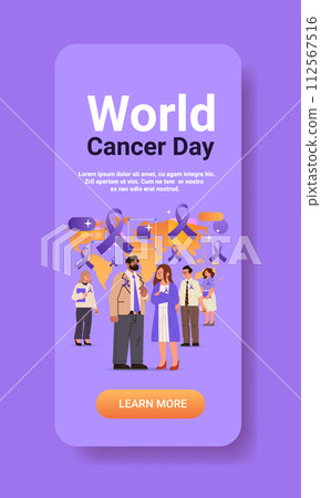 mix race people with purple ribbon world cancer day breast disease awareness prevention poster 4 february vertical 112567516
