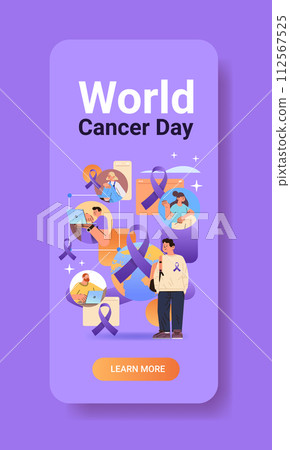 people discussing during online conference purple ribbon world cancer day breast disease awareness prevention poster 4 february 112567525