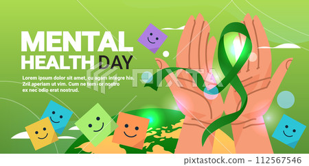 hands holding green ribbon stickers with different emotions mental health awareness month banner copy space horizontal hands holding green ribbon stickers with different emotions mental health awareness month banner copy space horizontal 112567546