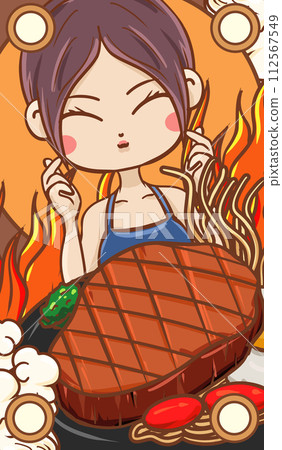 原创手绘卡通美味牛排插画海报素材 112567549