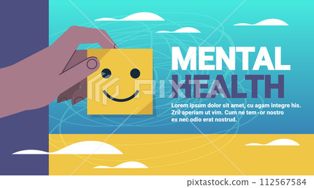 human hand holding sticker with happy smile emotions mental health awareness month banner copy space horizontal human hand holding sticker with happy smile emotions mental health awareness month banner copy space horizontal 112567584