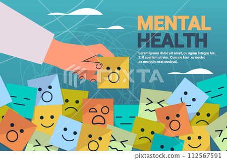 human hand choosing emotion on stickers mental health awareness month banner horizontal 112567591
