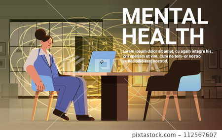 depressed student sitting at workplace sad girl suffering from psychological diseases anxiety mental health awareness month concept 112567607