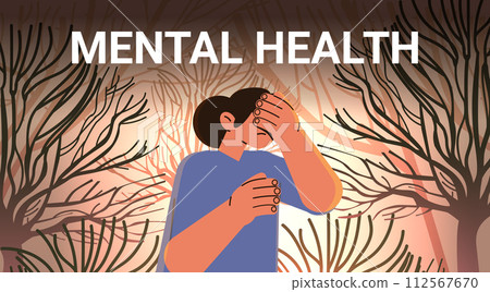 depressed woman covering eyes with hand sad girl suffering from psychological diseases anxiety mental health awareness month concept 112567670