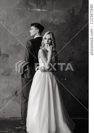 Cute wedding couple in interior of classic studio. They kiss and hug each other. Cute wedding couple in interior of classic studio. They kiss and hug each other. 112567890