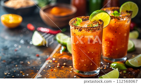 Michelada Cocktail with Beer, Tomato and Lime Juice. Michelagua, Mexican Bloody Mary. AI Generated Michelada Cocktail with Beer, Tomato and Lime Juice. Michelagua, Mexican Bloody Mary. AI Generated 112568067