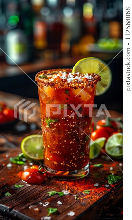 Michelada Cocktail with Beer, Tomato and Lime Juice. Michelagua, Mexican Bloody Mary. AI Generated Michelada Cocktail with Beer, Tomato and Lime Juice. Michelagua, Mexican Bloody Mary. AI Generated 112568068