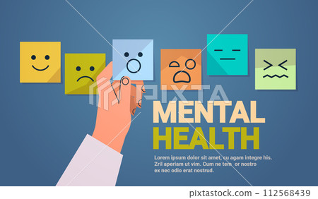 human hand holding stickers with different emotions mental health awareness month banner copy space horizontal 112568439