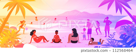 mix race tourists relaxing on tropical beach people enjoying summer vacation time to travel concept seascape background horizontal mix race tourists relaxing on tropical beach people enjoying summer vacation time to travel concept seascape background horizontal 112568464