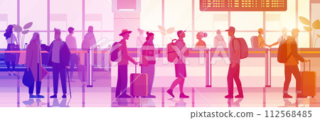 passengers with luggage in arrival waiting room or departure lounge international airport terminal interior horizontal 112568485