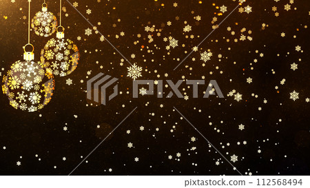 Golden yellow bright glowing festive Christmas New Year toys and snow animation. Glittering winter beautiful falling flying snowflakes patterns on a dark golden background. 112568494