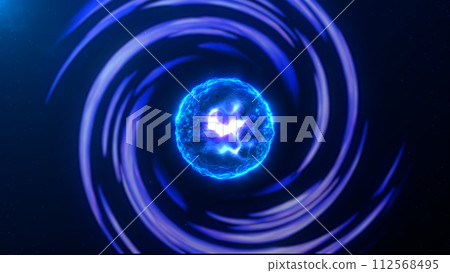 Blue purple particle plasma sphere with glowing fractal rotating vortex, orb with energy liquid core and shiny magic field scientific futuristic hi-tech abstract background. Blue purple particle plasma sphere with glowing fractal rotating vortex, orb with energy liquid core and shiny magic field scientific futuristic hi-tech abstract background. 112568495