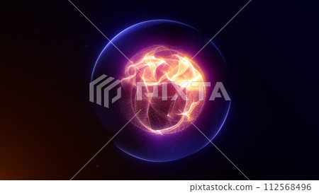 Glowing rotating particle neon plasma sphere in the Universe. Virtual assistant animation. Energy kinetic orb. Technology, science, artificial intelligence background. Pink and blue. Glowing rotating particle neon plasma sphere in the Universe. Virtual assistant animation. Energy kinetic orb. Technology, science, artificial intelligence background. Pink and blue. 112568496