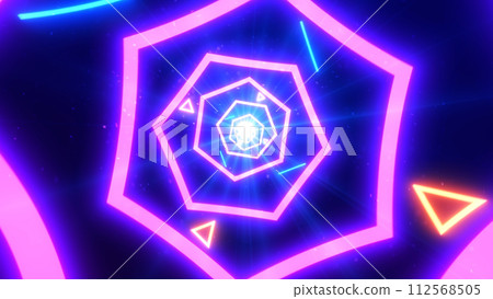 Neon glowing pentagon tunnel with blue light lines and orange triangles. Futuristic shiny fast animations of energetic moving shapes. Party VJ festival gaming 112568505