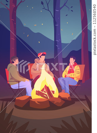 hikers sitting near campfire hiking camping concept people spend time at night summer camp in forest friends company on vacation hikers sitting near campfire hiking camping concept people spend time at night summer camp in forest friends company on vacation 112568540