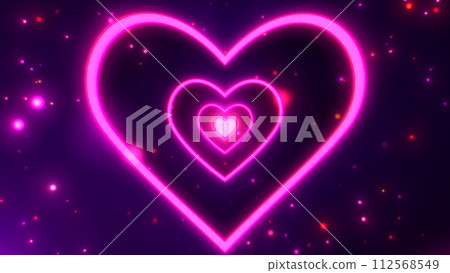 Pink purple heart Valentines day. Beautiful fly through abstract hearts Tunnel with light lines. Neon glowing background futuristic tunnel with shiny particles. 112568549