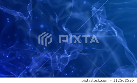 Blue blurry smoke particles floating in the air and changing the shape with shiny round dust particles. Shiny particle waves smoothly moving with soft bokeh effect. 112568550