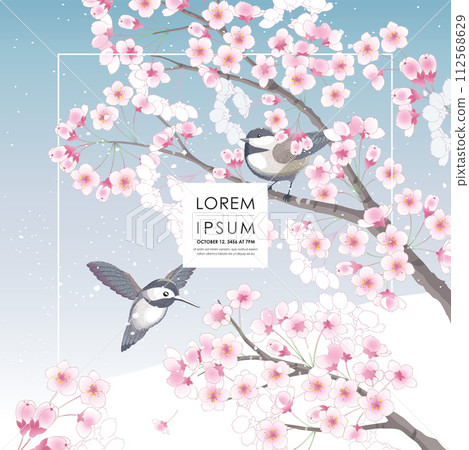 Vector editorial design frame of Korean spring scenery with cherry trees in full bloom. Design for social media, party invitation, Frame Clip Art and Business Advertisement 112568629