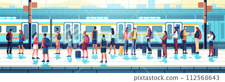 passengers with baggage standing on railway station people waiting on platform public transport transportation concept horizontal passengers with baggage standing on railway station people waiting on platform public transport transportation concept horizontal 112568643