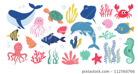 Cute aquatic animals, shells and plants 112568766
