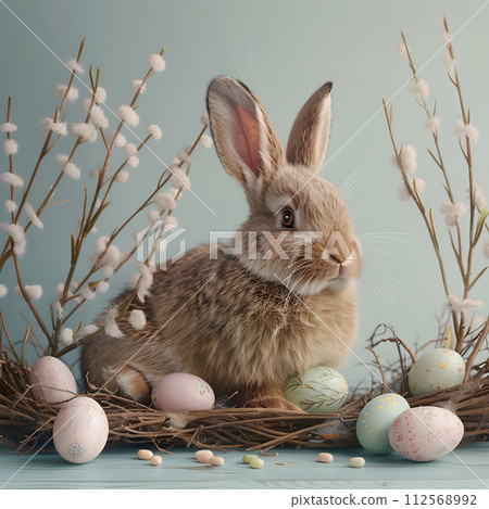 Rabbit, painted eggs and willow branches, soft muted pastel gray blue and beige color, Happy Easter  day concept and idea. 112568992