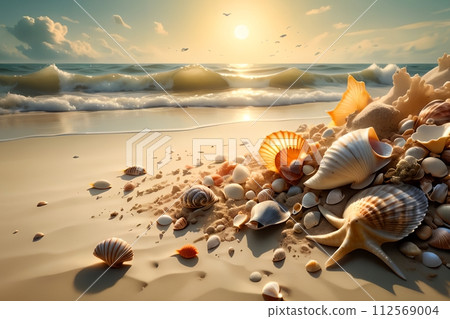 abstract background of seashells against the backdrop of the sea. 112569004