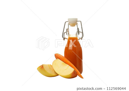 PNG, carrot juice in glass bottles, isolated on white background. PNG, carrot juice in glass bottles, isolated on white background. 112569044