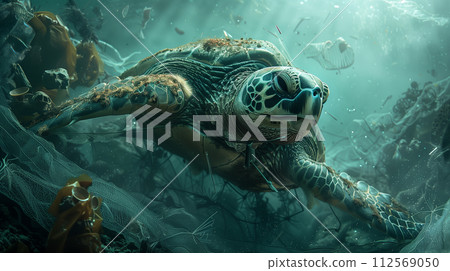 Sea turtles entwined in fishing nets Sea turtles entwined in fishing nets 112569050