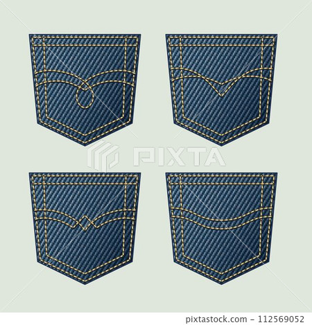 Denim back pockets with various yellow thread stitches, topstitching. Set of design elements in vintage style. Denim back pockets with various yellow thread stitches, topstitching. Set of design elements in vintage style. 112569052