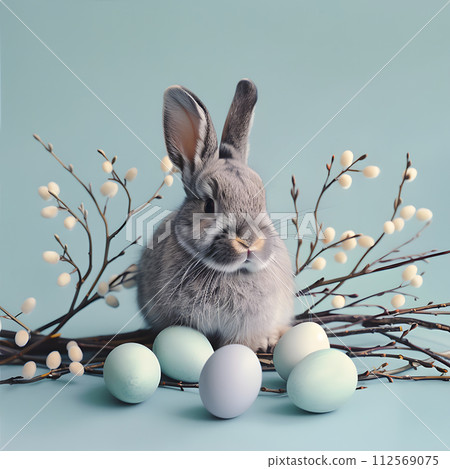 Rabbit, painted eggs and willow branches, soft muted pastel gray-blue color, concept and idea  of a happy Easter day. 112569075