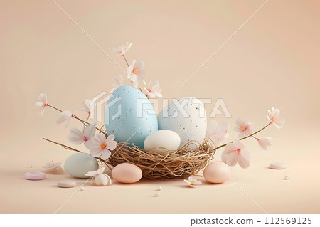 Painted blue Easter eggs in a nest among white flowers in the morning spring sun, pastel beige background, Happy Easter day concept  and idea, copy space 112569125