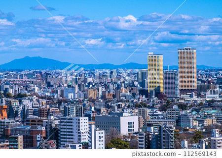 日本東京城市景觀,俯瞰日暮里站、車站前的塔樓公寓大樓(右後)和山脈 = 3 月 10 日 日本東京城市景觀,俯瞰日暮里站、車站前的塔樓公寓大樓(右後)和山脈 = 3 月 10 日 112569143