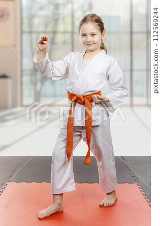 Young karate girl with orange belt posing 112569244