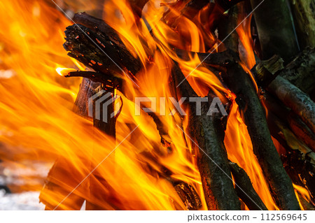 Flame of charcoal fire. Hearth for cooking and heating. Danger in forest Flame of charcoal fire. Hearth for cooking and heating. Danger in forest 112569645