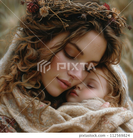 AI-generated content. A woman, identified as the Holy Virgin Mary, holds Baby Jesus Christ wrapped in a blanket. 112569824