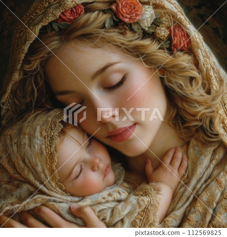 AI-generated content. A photograph capturing the Holy Virgin Mary cradling Baby Jesus Christ in her arms. 112569825