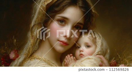 AI-generated content. A painting capturing the Holy Virgin Mary tenderly holding Baby Jesus Christ. 112569826