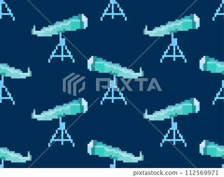 Pixel telescope seamless pattern. Telescope on a tripod in pixel art style. 8-bit astronomical telescope for observing outer space. Design for print wallpaper, banner and poster. Vector illustration 112569971