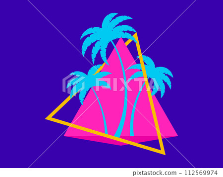 Palm trees in the futuristic style of the 80s. Triangle with silhouettes of tropical palm trees synthwave 80s. Design for banners and posters, advertising products. Vector illustration 112569974