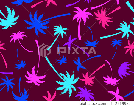 Seamless pattern with colorful palm trees. Summer time, wallpaper with tropical palm trees pattern. Design for printing t-shirts, banners and promotional items. Vector illustration 112569983