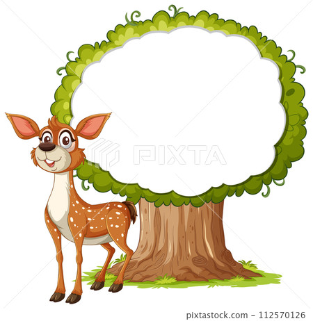 Cheerful Deer by the Blank Tree Sign Cheerful Deer by the Blank Tree Sign 112570126