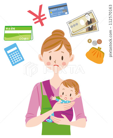 A mother worried about money A mother holding a baby A mother worried about money A mother holding a baby 112570163