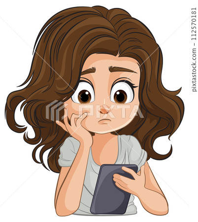 Pensive Girl with Smartphone Illustration 112570181