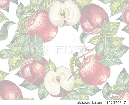 Watercolor apples frame botanical illustration. Card design with apple flowers and leaf. Watercolor botanical illustration isolated on white background. Watercolor apples frame botanical illustration. Card design with apple flowers and leaf. Watercolor botanical illustration isolated on white background. 112570247