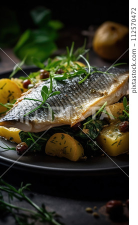 Baked dorada fish with vegetables and lemon sauce. 112570472