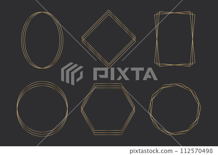 Set elegant golden thin line frames different shapes on the dark background. Perfect border design for headline, text decor and sale banner. Vector Set elegant golden thin line frames different shapes on the dark background. Perfect border design for headline, text decor and sale banner. Vector 112570498