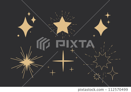 Set sparkle fireworks, star blink doodle gold sparkle holiday party explosion isolated on dark background. Golden magic celestial starburst Set sparkle fireworks, star blink doodle gold sparkle holiday party explosion isolated on dark background. Golden magic celestial starburst 112570499