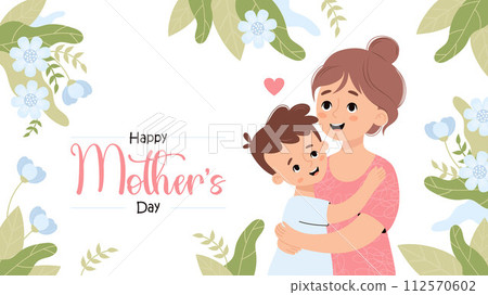 Mother's Day poster. Happy woman mom hugs son on white background with blue flowers. Horizontal festive floral banner. Vector illustration in flat cartoon style Mother's Day poster. Happy woman mom hugs son on white background with blue flowers. Horizontal festive floral banner. Vector illustration in flat cartoon style 112570602
