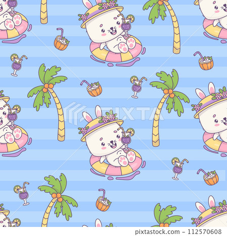 Seamless tropical pattern. Happy bunny girl with cocktail swims on rubber circle on blue background with palm trees. Cute kawaii animal character. Vector illustration Seamless tropical pattern. Happy bunny girl with cocktail swims on rubber circle on blue background with palm trees. Cute kawaii animal character. Vector illustration 112570608